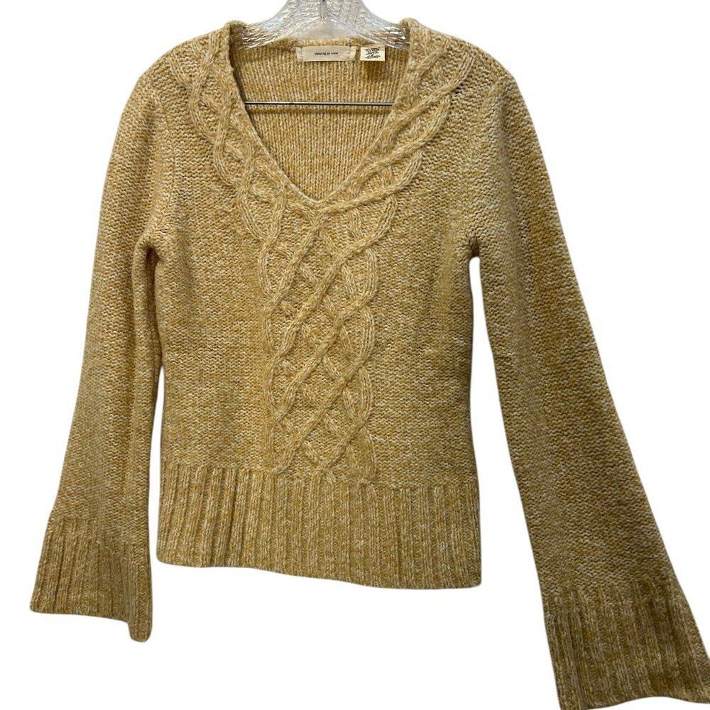 Sleeping on snow Anthropologie tan cream marl speckle cable knit sweater v-neckM